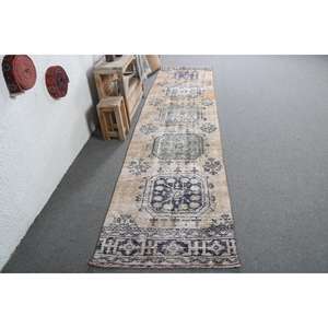 Alfombra Turca Vintage, Alfombra de Lana Azul con Diseño Floral de 2.7x11.1 pies - Product Image 1