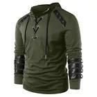 Sweat à capuche d'hiver pour homme avec cordon de serrage en cuir vintage patchwork haut chemisier à manches longues - Product Image 6