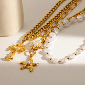 High Quality 18K <b>Gold</b> Plated 304 Stainless Steel <b>Cross</b> Round Starfish Cuban Paperclip Chain Pendant <b>Necklace</b> Designed for Women - Product Image 1