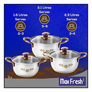 Ensemble de 3 casseroles en acier inoxydable Maxfresh Gold Stanton avec couvercle en verre et boutons dorés pour cuisinière à gaz à induction - Product Image 2