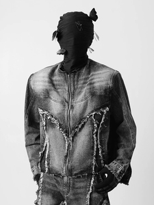 Veste en jean délavé pour homme, col montant, fermeture à bouton unique, détails effilochés, style streetwear, vêtement d'extérieur automne, respirant, séchage rapide - Product Image 6