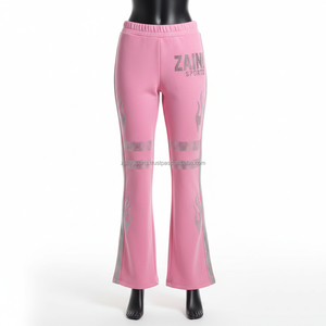 กางเกงทรงบานสำหรับผู้หญิงกางเกงผ้าสแปนเด็กซ์ GSM นิ่ม300พรีเมี่ยมสีชมพูประดับพลอยเทียมติดโลโก้ได้ตามต้องการ - Product Image 6
