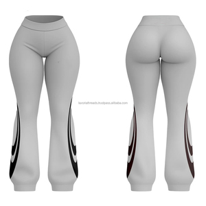 Pantalones acampanados elásticos de poliéster y spandex de primera calidad, 260 GSM, color gris, tejido de compresión suave con paneles gráficos en las pantorrillas, sublimación. - Product Image 3