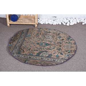 Alfombra de lana tradicional Vintage, diseño de retales Beige y azul, tamaño de 3,3X3,2 pies para decoración de sala de estar, uso de coche, respaldo de látex - Product Image 2