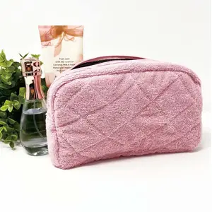 OEM Custom Hot Sale Makeup Pouch Quilted Small Make Up Personalized Terry Cotton Purse Towel Cloth Cosmetic Bag with Zipper