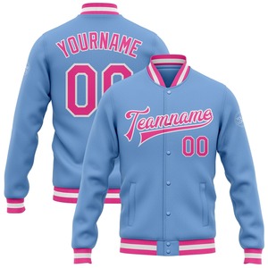 Vente en gros dans l'industrie directe Blouson bombardier hiver décontracté personnalisé bleu clair rose-blanc veste Letterman Varsity à pression intégrale - Product Image 1