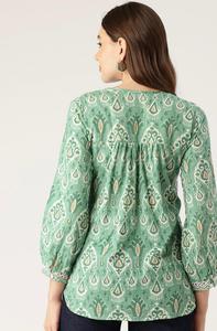 เสื้อพิมพ์ลายดอกไม้ผ้าฝ้ายแนววินเทจสีเขียวสไตล์โบโฮสำหรับผู้หญิงเสื้อฤดูร้อนสไตล์อินเดีย - Product Image 4