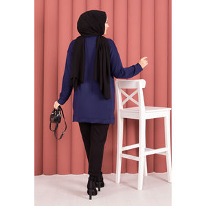 Túnica Hijab Azul Marino Oysho con Detalle de Lazo y Adornos de Piedras, Estilo Veraniego, Modesto, Formal, Casual, Estampado, Tejido de Algodón y Chifón - Product Image 4