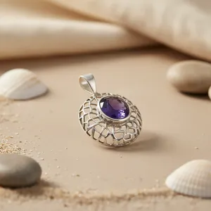 Handmade 925 Silver <b>Amethyst</b> <b>Pendant</b> with Rose Gold Religious Style Quartz Gemstone Jewelry for Women Made in India - Product Image 1