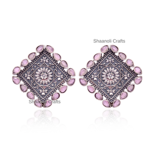 Nouvelles boucles d'oreilles carrées en laiton faites à la main avec pierre, bijoux ethniques de créateur en argent oxydé pour femmes, mariage et soirée - Product Image 4