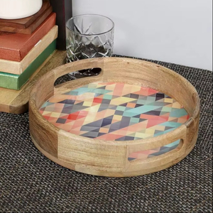 Plateau de service décoratif en bois imprimé avec accent doré Plateau en bois imprimé à la main de qualité supérieure pour les maisons de luxe à moindre coût - Product Image 1
