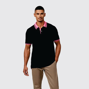Camisa Polo Personalizada con Cuello en Contraste para Hombre, Negra con Ribete Rosa, Transpirable, de Algodón, Manga Corta - Product Image 2