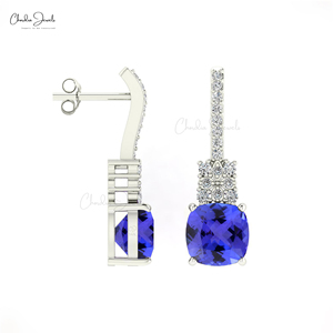 Boucles d'oreilles en pierres précieuses taillées dans un coussin de 6mm, tanzanite éblouissante, or massif 14 carats fait à la main pour fiançailles, bijoux fins - Product Image 3