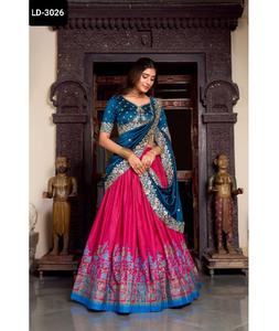 Tissu de soie Tussar imprimé avec feuille de travail Lehenga Choli et paillettes et chemisier de travail de broderie de fil - Product Image 1