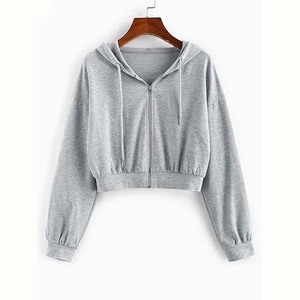 Vente en gros haut court à manches longues personnalisé sweat à capuche blanc d'entraînement 100% coton hiver chiné gris couleur fermeture éclair sweats à capuche pour femmes hauts courts - Product Image 1