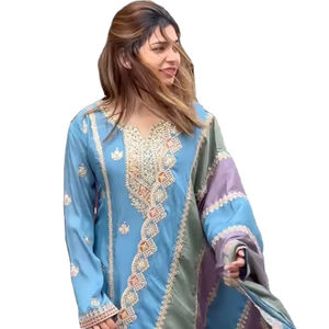 Estilo indio y pakistaní Hermosa combinación de colores Georgette Fabric Top & Plazzo con Dupatta para eventos salientes y ropa festiva - Product Image 1