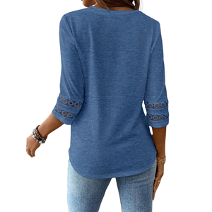 Blusa Azul para Mujer, Manga Larga, con Encaje, Transpirable, 100% Algodón, Camiseta Informal, Top para Uso Diario - Product Image 2