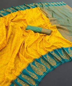 TRADICIONAL SOFT SEDA COBRE ZARI TEJIDO TRABAJO SAREE CON BLUSA SIN COSTURA DESPIECE DE FIESTA PRECIO AL POR MAYOR ROPA ÉTNICA AMARILLO - Product Image 2