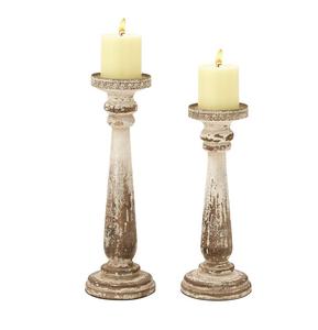 Lot de 2 bougeoirs en bois pour la décoration de la maison fournisseur indien qualité optimale bois naturel Antique blanc fini à la main - Product Image 1