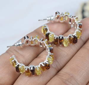 Pendiente de tuerca con forma Rectangular de múltiples piedras preciosas de ámbar Báltico Natural de Plata de Ley 925 - Product Image 4