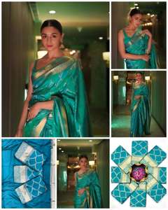 Saree en soie Jacquard lourd de haute qualité violet bleu ciel bordure doré grand Jacquard tissage pour Bollywood Viscose pour l'été - Product Image 3