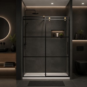 <span class=keywords><strong>Mampara</strong></span> de <span class=keywords><strong>Ducha</strong></span> con Marco Negro, Diseño KD, Rueda Grande de Latón, Vidrio Templado de 5-6 mm, Corredera - Product Image 1