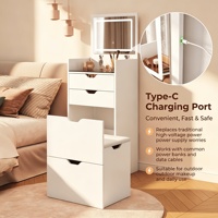 Coiffeuse OEM compacte 3-en-1 avec éclairage LED, 2 tiroirs et tabouret rembourré, rangement dissimulé