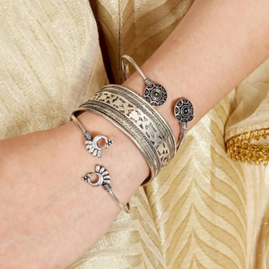 "Traditional Indian Oxidized German Silver Bangle Set for Women - 3-Piece Ethnic <b>Kada</b> Combo with Peacock and Floral Motif - Product Image 2