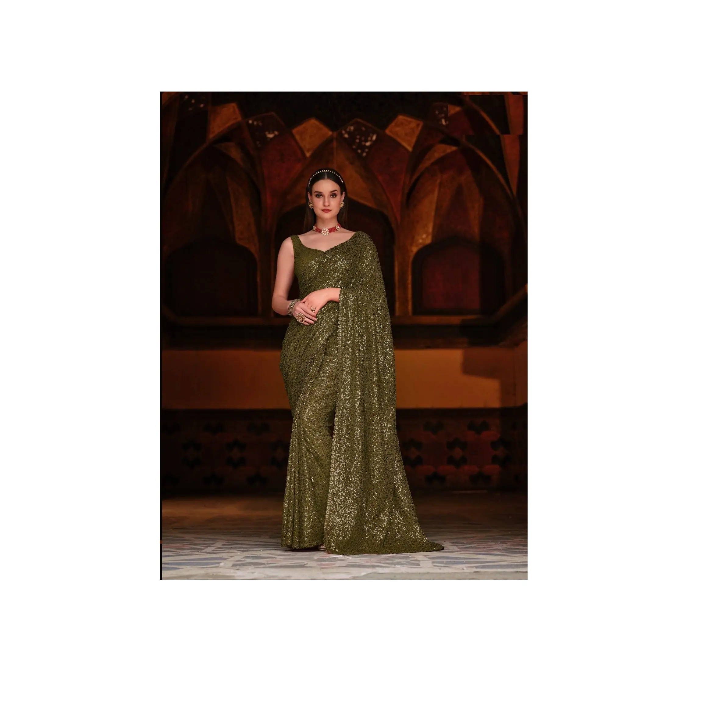 Sari di sequenza di Bollywood verde di design In morbido tessuto Georgette per le donne sari di abbigliamento da ufficio per feste di matrimonio