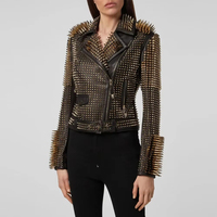 Chaqueta de Mujer Personalizada, Transpirable, con Tachuelas Doradas, de Lona y Piel de Oveja, con Cuello Mao, Manga Corta, Estilo Biker, Rock, Punk