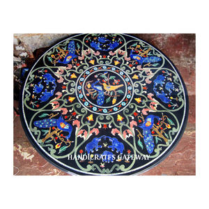 โต๊ะกาแฟหินอ่อนสีดำทำด้วยมือแบบฝังบนโต๊ะหรูหราบนโต๊ะสำหรับห้องนั่งเล่นบ้านสำนักงานกึ่งมีค่าทรงกลม - Product Image 1