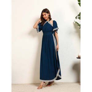 Deebaco Women's Navy Blue Chiffon Maxi <b>Dress</b> With Contrast Binding Cap Sleeve A-Line Boho Style Loose Fit Summer Casual <b>Dress</b> - Product Image 3