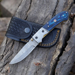 Couteau de chasse pliant Bowie en acier inoxydable forgé à la main, manche en résine bleue, étui en cuir, bord dentelé OEM, utilitaire EDC - Product Image 3
