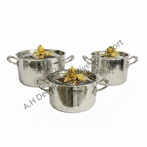 Hammered Stainless Steel Casserole Set <b>with</b> Antique Gold Pumpkin <b>Lid</b> Knobs Luxury Cookware & Serving <b>Pans</b> Pot for Home and Hotel - Product Image 6