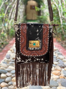 Meilleure vente sac à franges en cuir de fourrure sculpté sac à main en pierre en cuir repoussé de haute qualité sac à bandoulière Boho sacs à bandoulière de Style occidental - Product Image 3