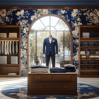 Meubles de vitrine de luxe pour magasin de costumes pour hommes avec étagère en verre à cadre doré et panneau mural artistique bleu et blanc, ensemble d'agencements pour boutique de vêtements pour hommes