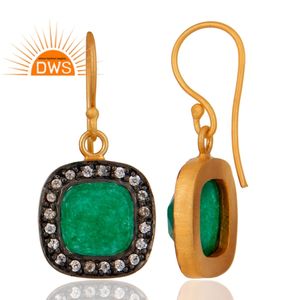 Boucles d'oreilles en aventurine verte CZ, bijoux de mode, fabricant, designer, boucles d'oreilles pendantes en laiton plaqué or, collection classique - Product Image 4