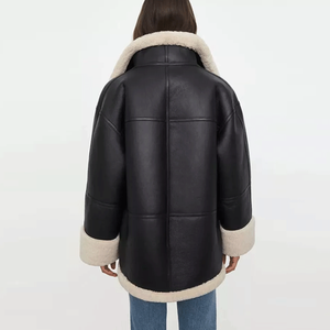 Chaqueta de cuero negro con cremallera para mujer Abrigo de piel de oveja Prendas de abrigo Chaqueta de bombardero elegante para mujer - Product Image 2