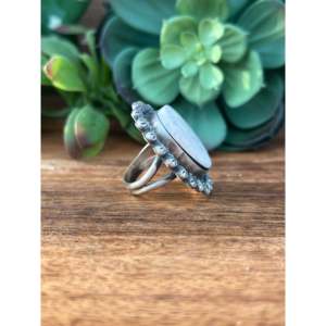 Betta Lee <b>Adjustable</b> <b>Ring</b> White Buffalo & Sterling Silver Bezel Set Rose Gold Plated Oval Cut Diamond Size 8 Gift - Product Image 5