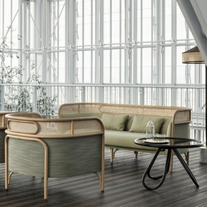 เฟอร์นิเจอร์บูธเชิงพาณิชย์ เก้าอี้โซฟาหุ้มผ้าสีเขียวพร้อมพนักพิงหวาย สำหรับตกแต่งภายในโรงแรม คาเฟ่ และบาร์ - Product Image 6