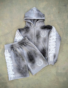 OEM ODM Custom Above Knee <b>Shorts</b> Sets with <b>Zip</b> up Embroidered Hoodie Vintage Acid Washing Printed Tracksuits Zipper Hoodies Sets - Product Image 6