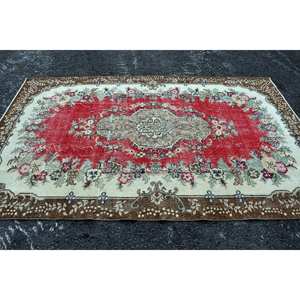 Vintage Turkish <b>Rug</b> 5.7 X 9.3 ft Red Brown Large Area Woolen Patchwork Design for Hallway <b>Bedroom</b> Rectangular Latex Room Bedside - Product Image 4