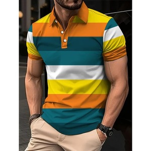 Polo de rayas coloridas con estampado 3D para hombre, camiseta de manga corta con patrón de árbol de coco, camisetas de solapa informales de verano, camisetas de gran tamaño - Product Image 2