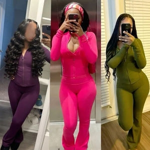 Costume à rayures décontracté pour femmes Meilleur multi-poches Manches longues Taille haute Fermeture éclair Hoodies Pantalon Femme Lady Deux pièces Ensembles pour femmes - Product Image 3