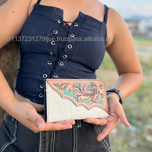 Portefeuille sculpté usiné à la main pochette étui de téléphone élégant cuir de fourrure de vachette couleur Turquoise portefeuille multi-usage portefeuille en cuir occidental - Product Image 4