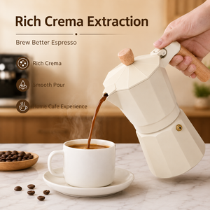 Cafetière Moka en aluminium blanc de style italien pour expresso, avec poignée en bois de hêtre, 150 ml, 300 ml, 450 ml, 600 ml, vente en gros - Product Image 4