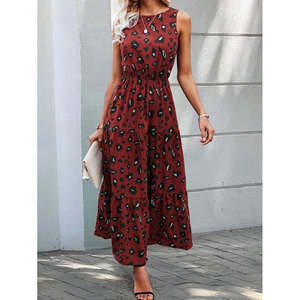 Women's Sleeveless Crew Neck <b>Elastic</b> Waist Patterned Single Jersey <b>Dress</b>, 34960 - Red - Product Image 3