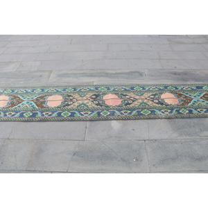 Alfombra Turca Vintage de 1.9x11.6 pies (58x355 cm), Alfombra de Lana Azul Ombré - Product Image 4