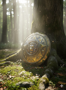 Escudo Redondo Antiguo de León en Acero Dulce de Calibre 20 con Acabado Antiguo en Latón y Asa - Product Image 3