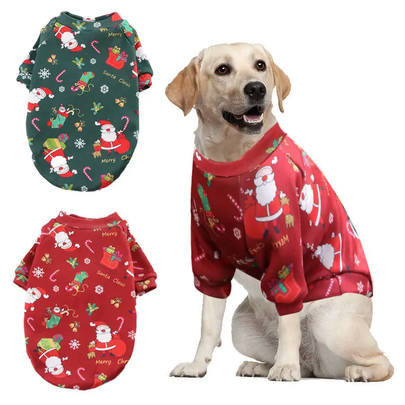卸売クリスマス犬服赤緑サンタクロースポリエステルフリース冬暖かいセーター中小大型犬用